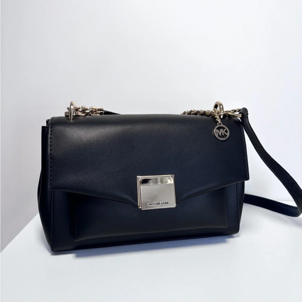 Michael Kors Lita Medium Black Leather Gold Chain Crossbody Bag Purse NWOT